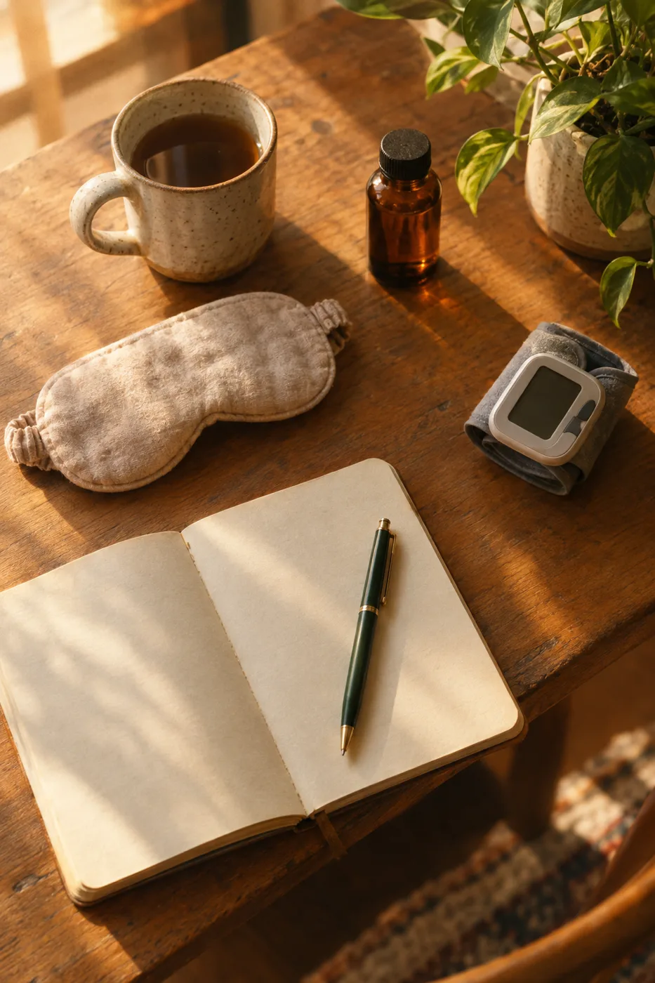 Journal, eye mask, mug and blood pressure monitor on a table at home